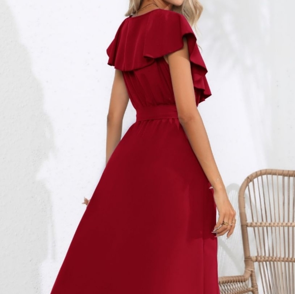 Chic Cascade Tied Midi Dress - Wine - Picture 3 of 14
